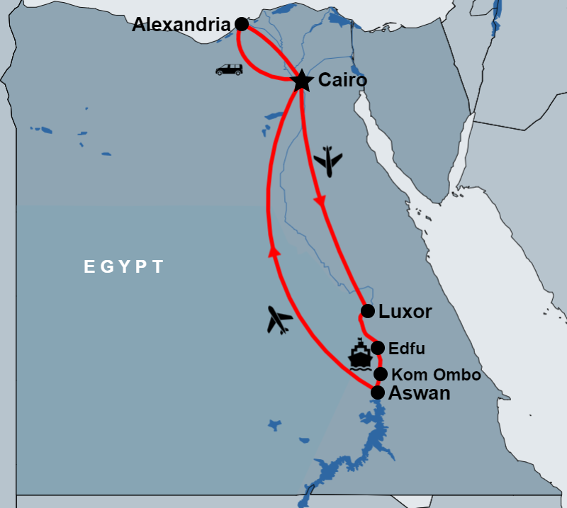 9 Day Cairo, Alexandria and Nile Cruise Tour Package by Flight map 9 Day Cairo, Alexandria and Nile Cruise Tour Package by Flight map